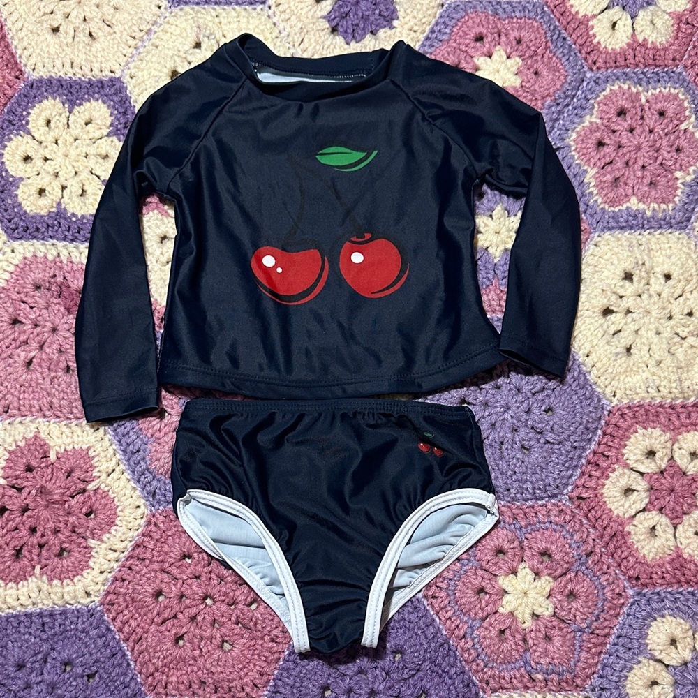 SHEIN Navy Girls Long-Sleeve Cherry Rashguard Set